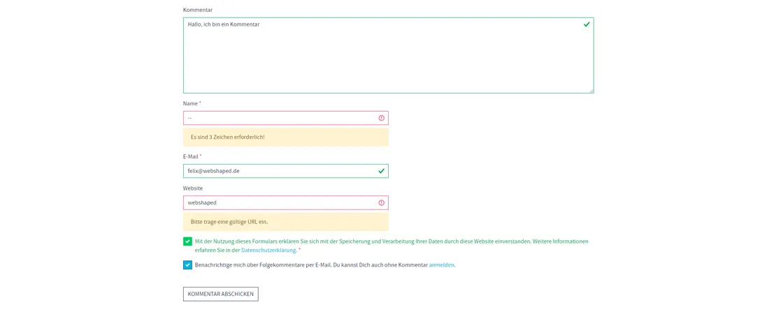 WordPress Comment Form Validierung interaktiv mit JavaScript